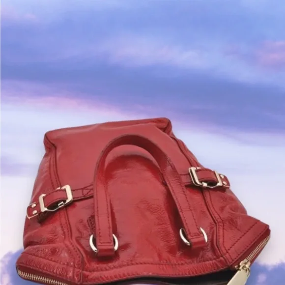 Authentic YVES SAINT LAURENTDowntown Mini Hand Bag Enamel Red 2866E